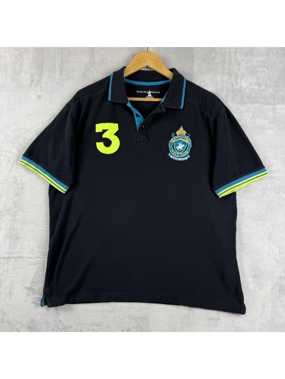 Beverly Hills Polo Club Shirt Black Embroidered Crest Number 3 Men’s L Y2K Prep